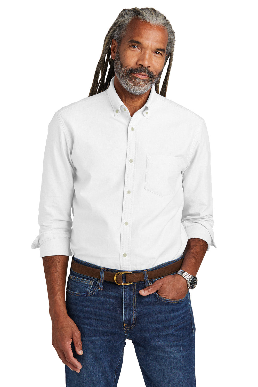 Man wearing a white dress shirt and blue jeans on a white background embroidered Brooks Brothers® Casual Oxford Cloth Shirt