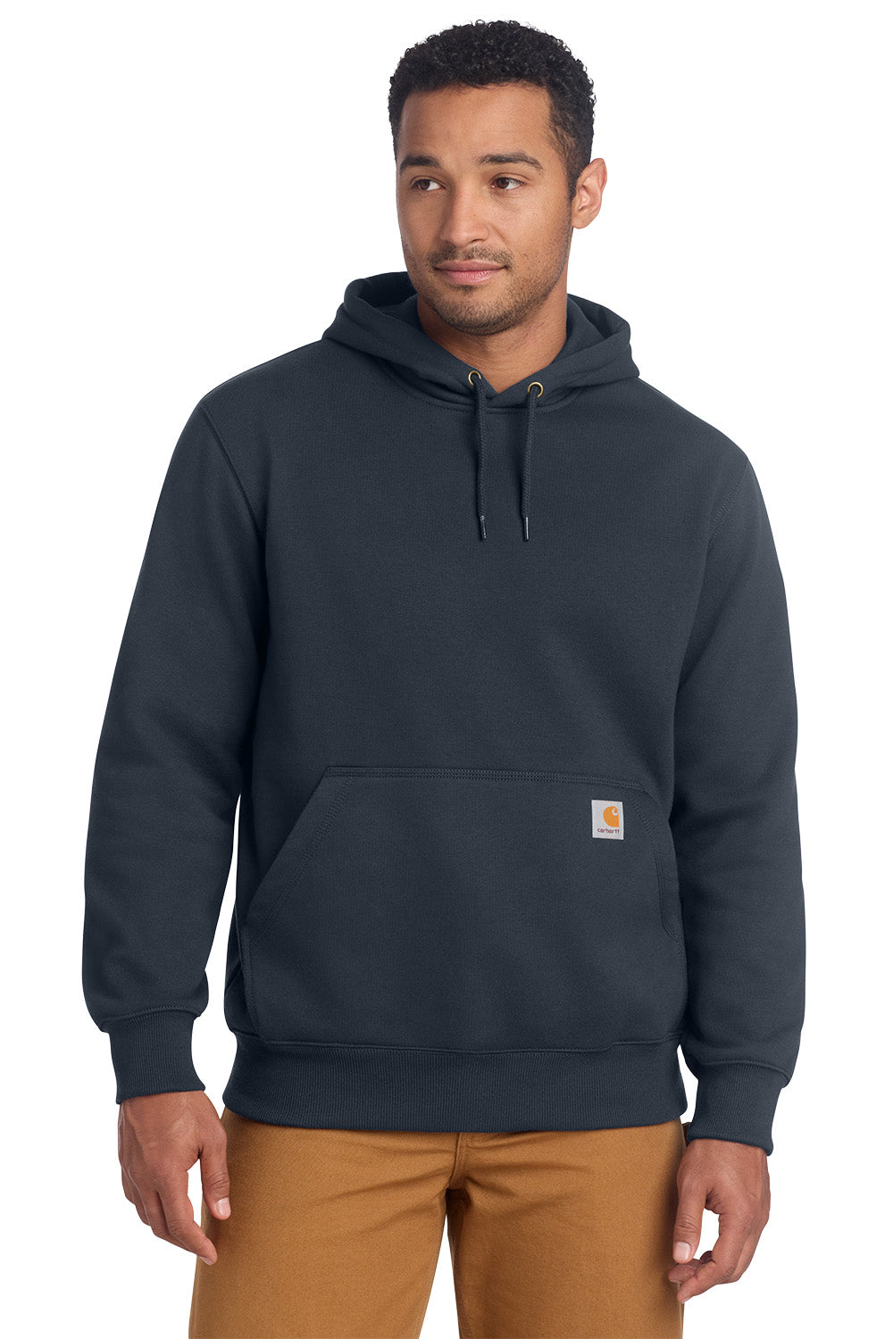 Man wearing a navy hoodie with a visible brand logo on a white background, Embroidered Carhartt® Rain Defender® Paxton Heavyweight Hooded Sweatshirt
