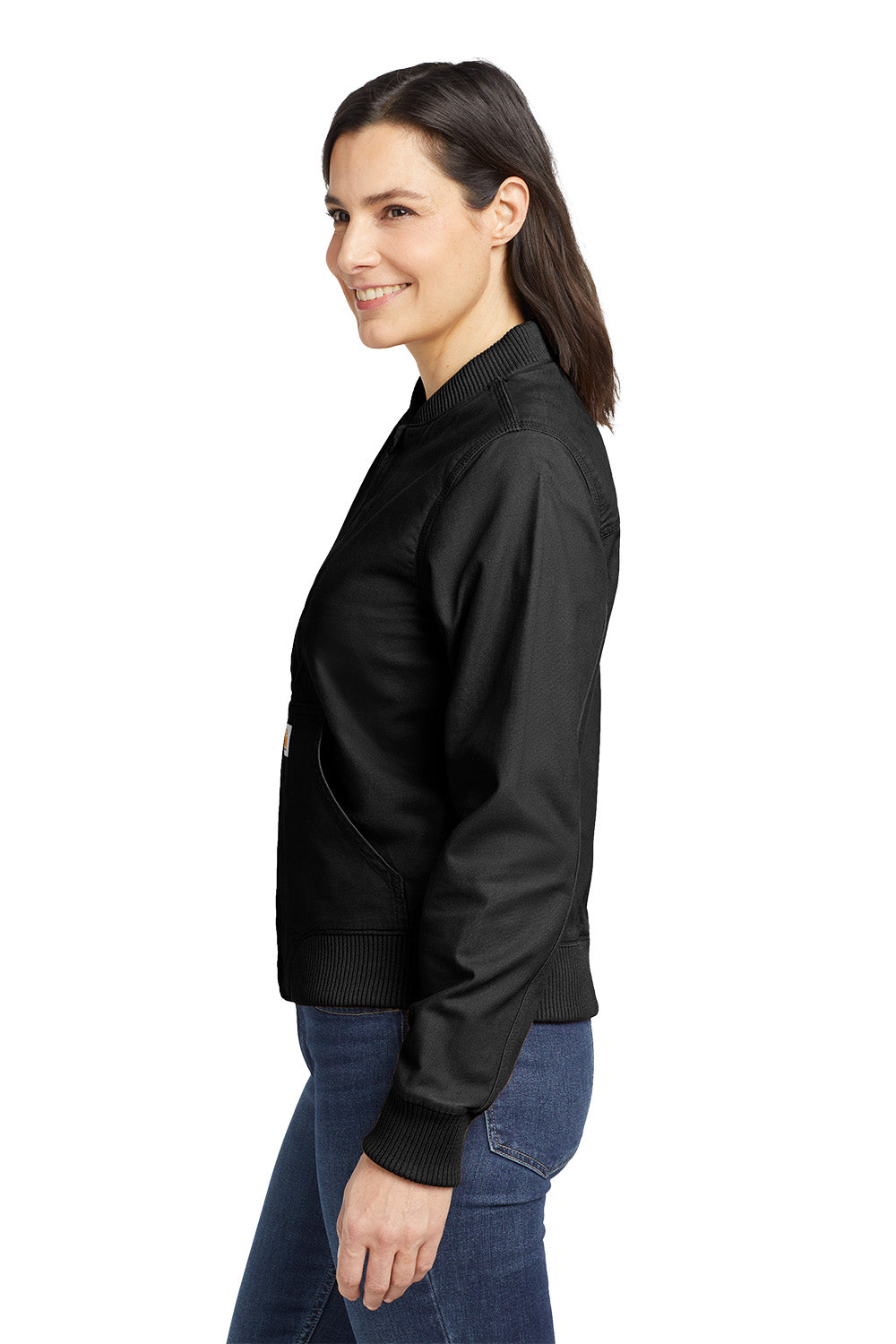 Woman wearing a black shirt and blue jeans on a white background embroidered Carhartt® Women’s Rugged Flex® Crawford Jacket
