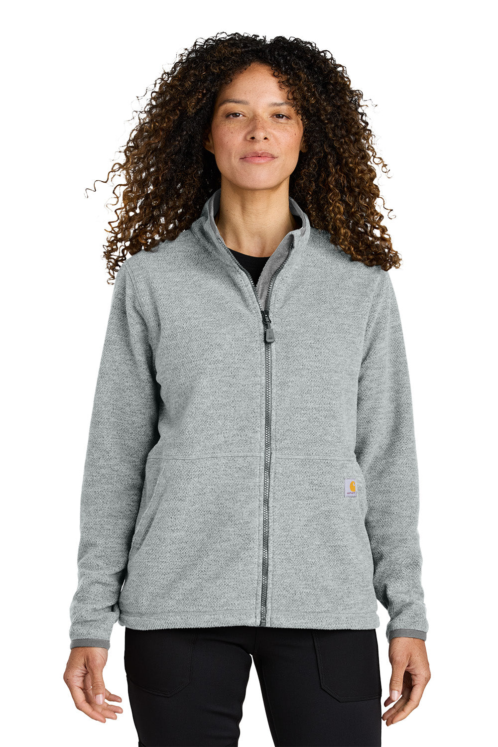 Woman wearing a gray fleece jacket on a white background embroidered Carhartt® Women’s Textured Full-Zip Fleece Jacket