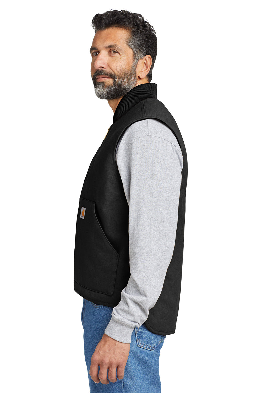 Man wearing a black vest over a gray shirt on a white background embroidered Carhartt® Duck Vest