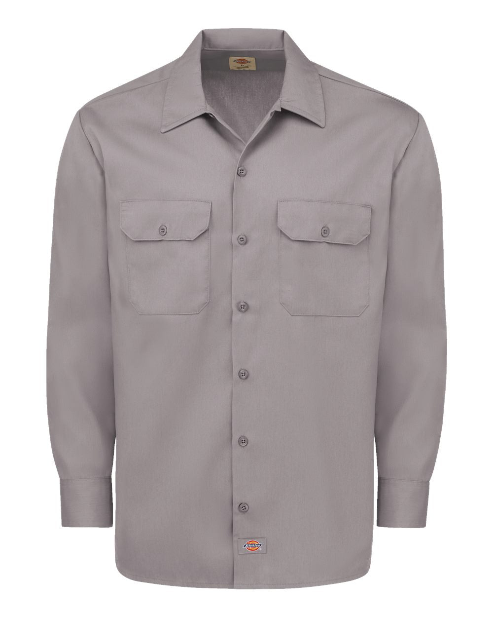 Gray button-up shirt with two front pockets on a white background. Dickie's Men's Long Sleeve Work Shirt, Embroidered by Helmsman Stitch Co.