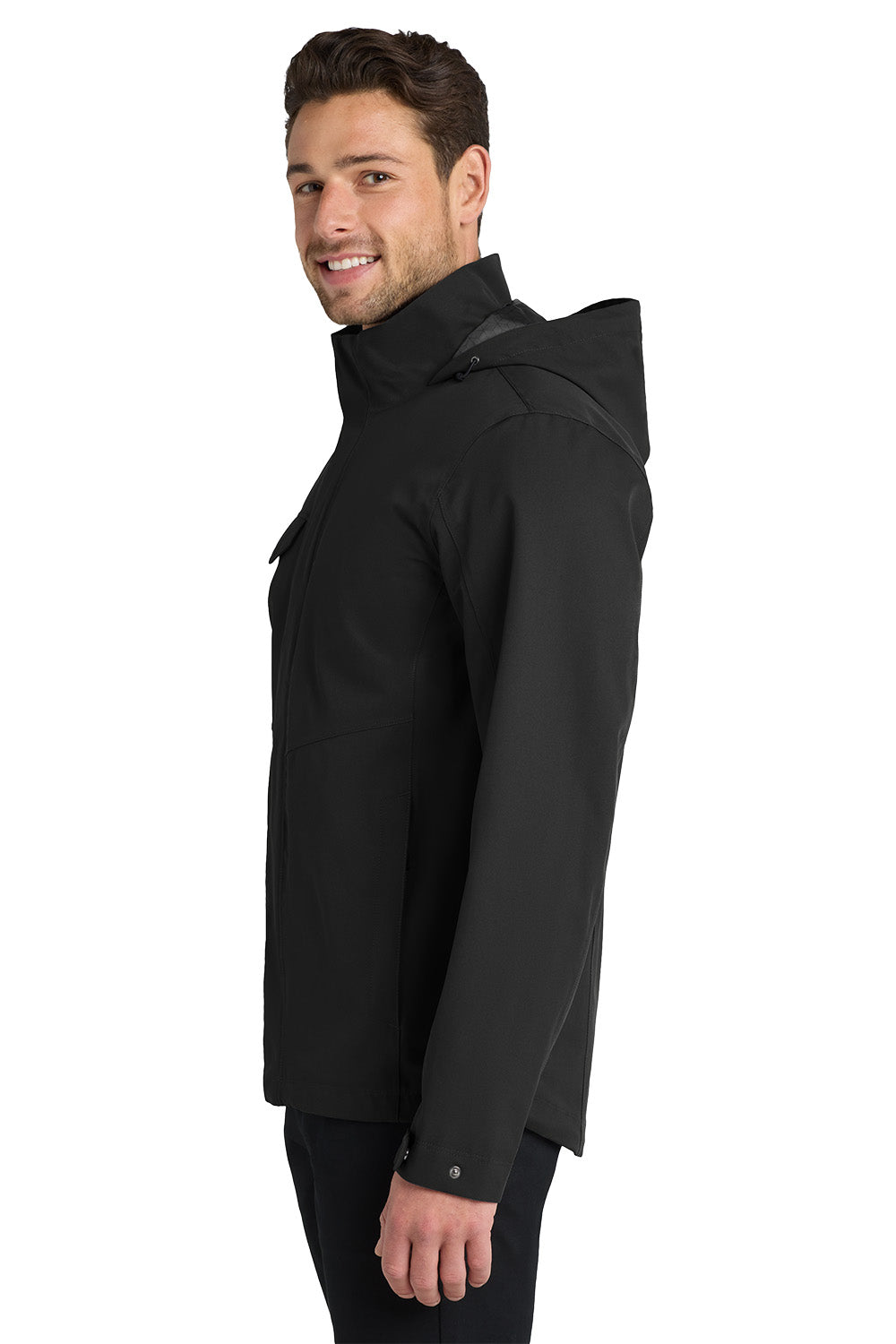 A man wearing a black hooded jacket, shown in profile against a plain white background. Port Authority® Collective Outer Shell Jacket, Embroidered