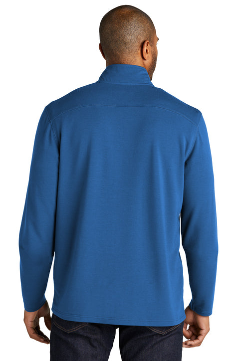 Man wearing a blue long-sleeve shirt on a white background. Port Authority® Microterry 1/4-Zip Pullover, Embroidered by Helmsman Stitch Co.
