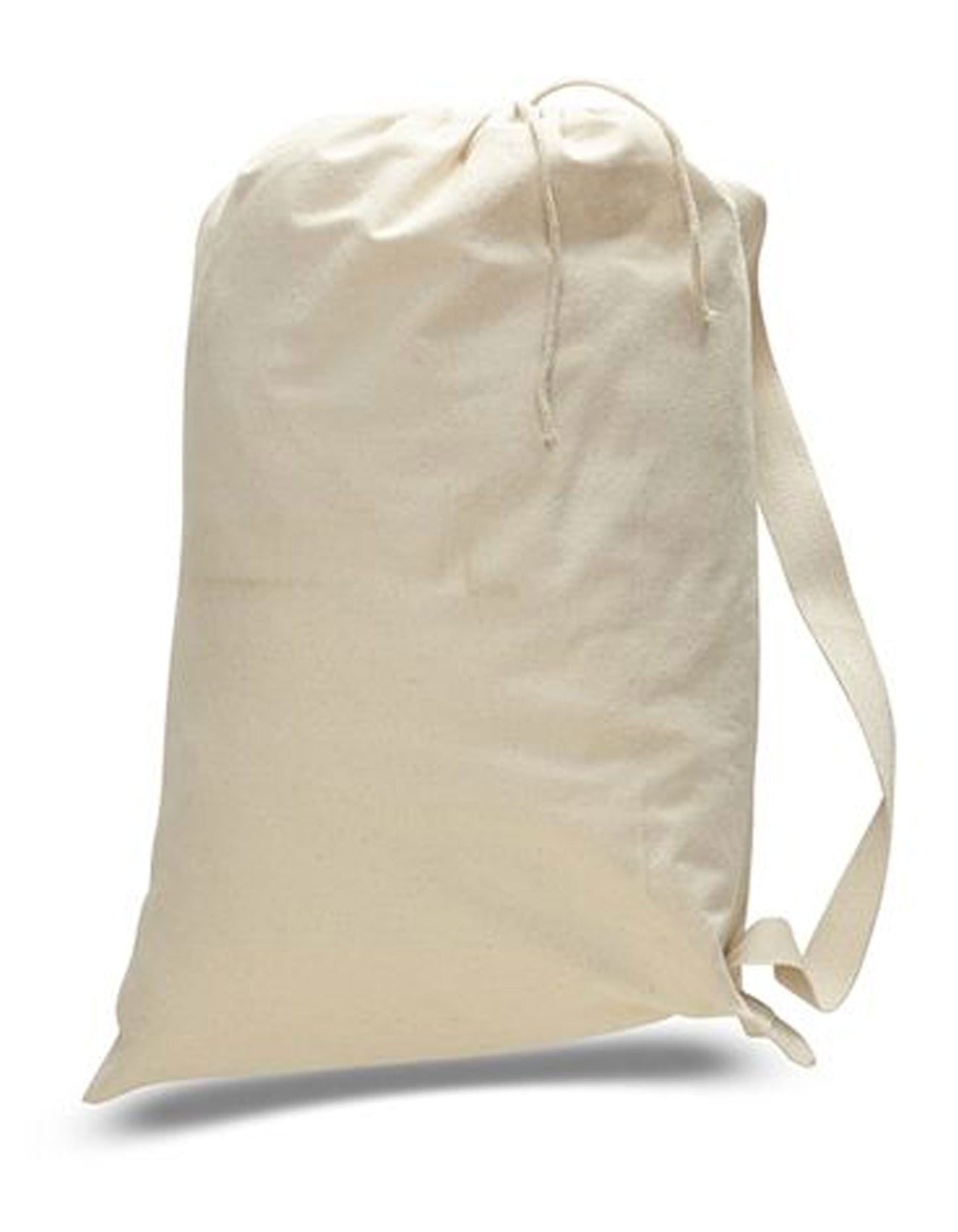 Beige drawstring bag on a white background. OAD Medium Cotton Laundry Bag, Embroidered by Helmsman Stitch Co.
