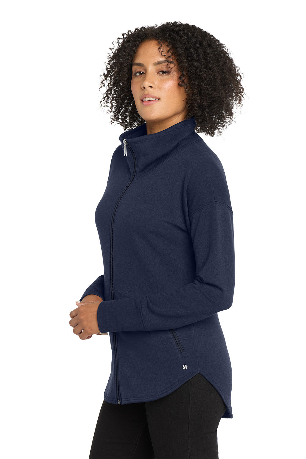 Woman wearing a navy blue jacket on a white background, embroidered OGIO® Women's Luuma Full-Zip Fleece