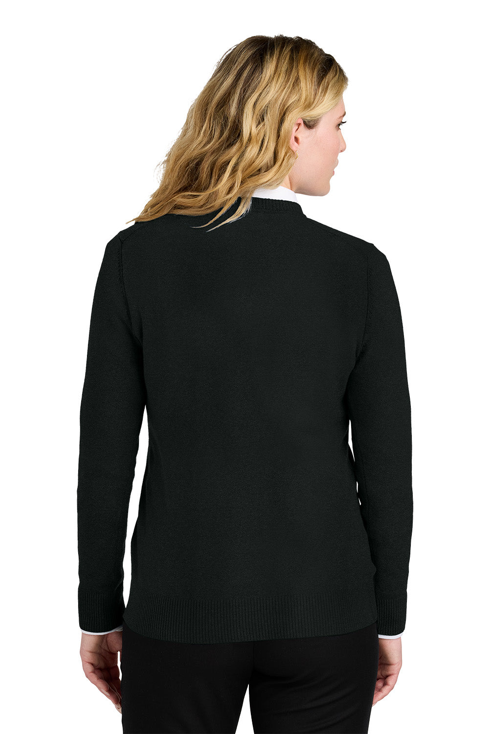 Person wearing a black long-sleeve top on a white background. Port Authority® Women’s Easy Care V-Neck Sweater, Embroidered