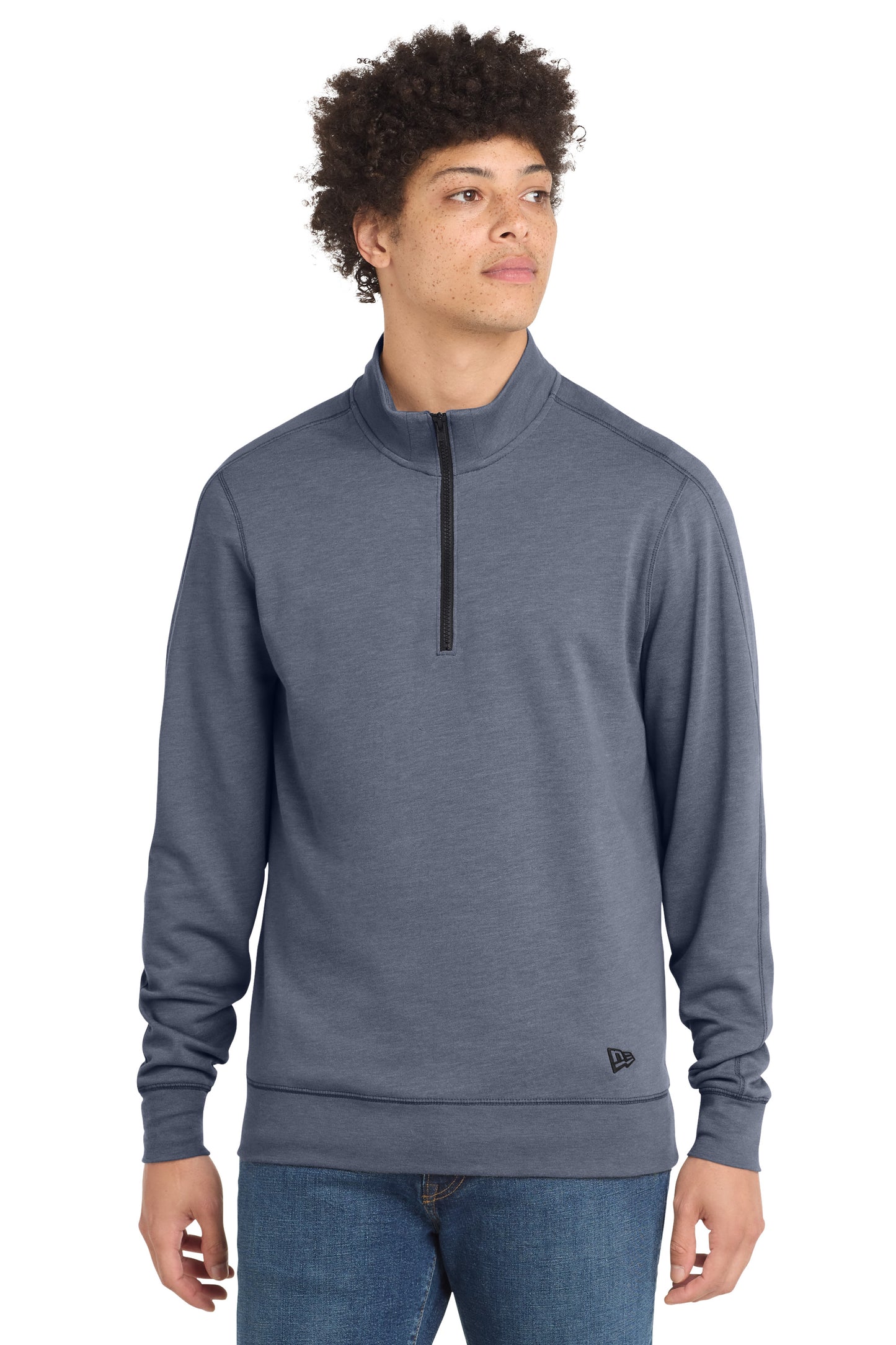 Man wearing a gray half-zip sweatshirt on a white background embroidered New Era® Tri-Blend Fleece 1/4-Zip Pullover