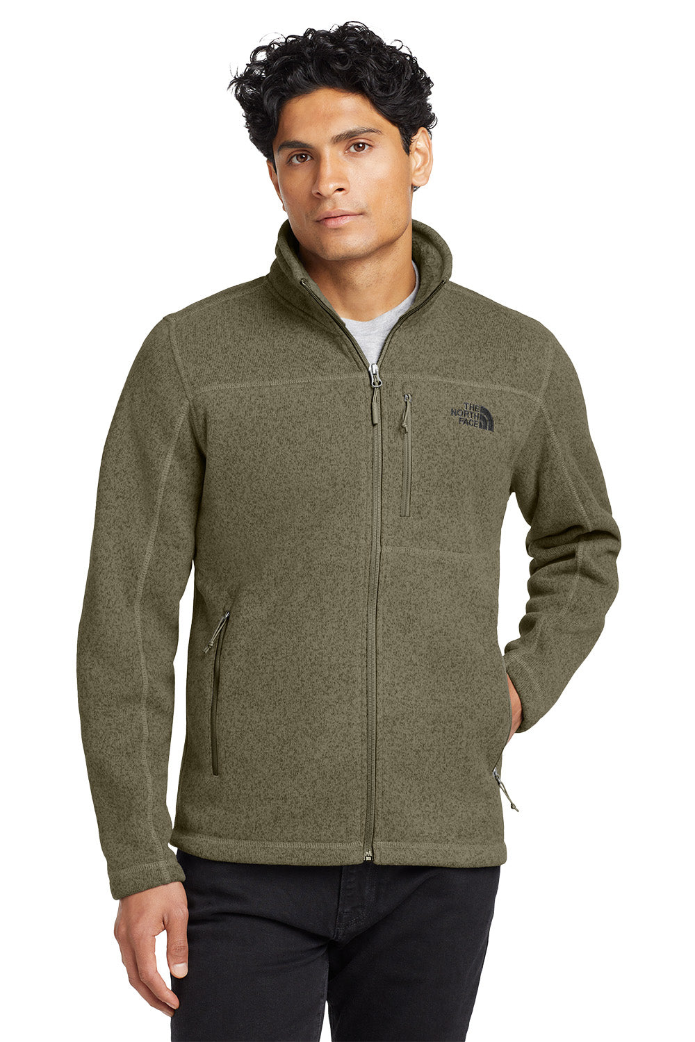 Man wearing a green fleece jacket with The North Face logo on a white background embroidered The North Face® Sweater Fleece Jacket