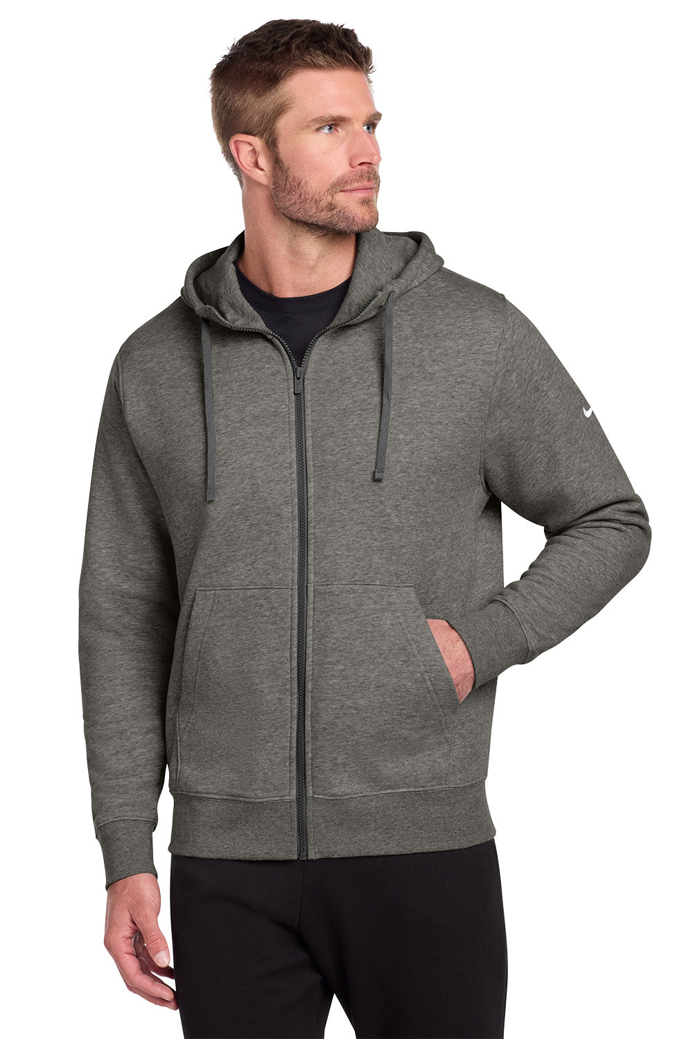 Man wearing a gray hoodie on a white background, embroidered Nike Club Fleece Sleeve Swoosh Full-Zip Hoodie