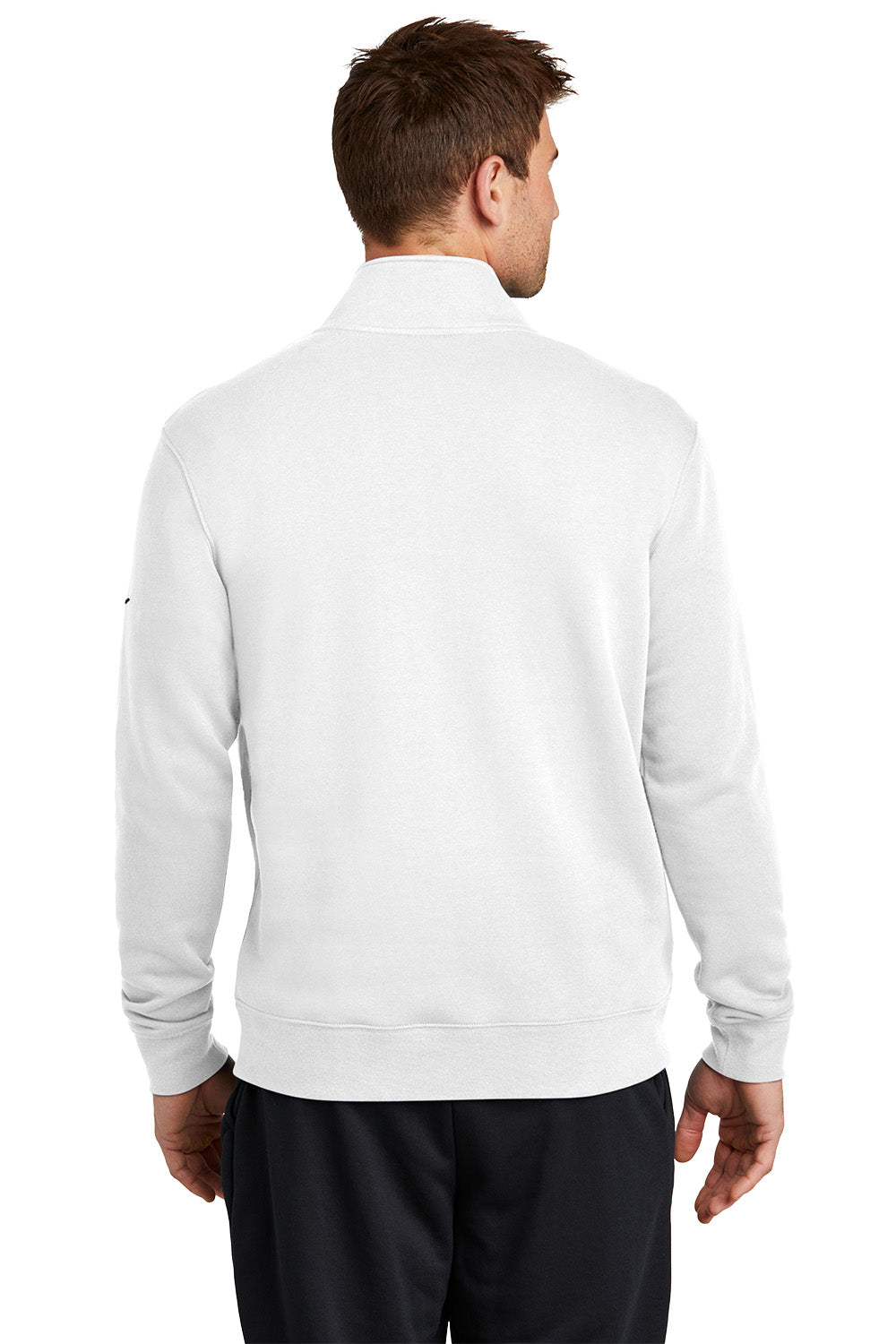 Man wearing a white quarter-zip sweatshirt on a white background, Embroidered Nike Club Fleece Sleeve Swoosh 1/2-Zip. Nike Club Fleece Sleeve Swoosh 1/2-Zip, Comstock Park