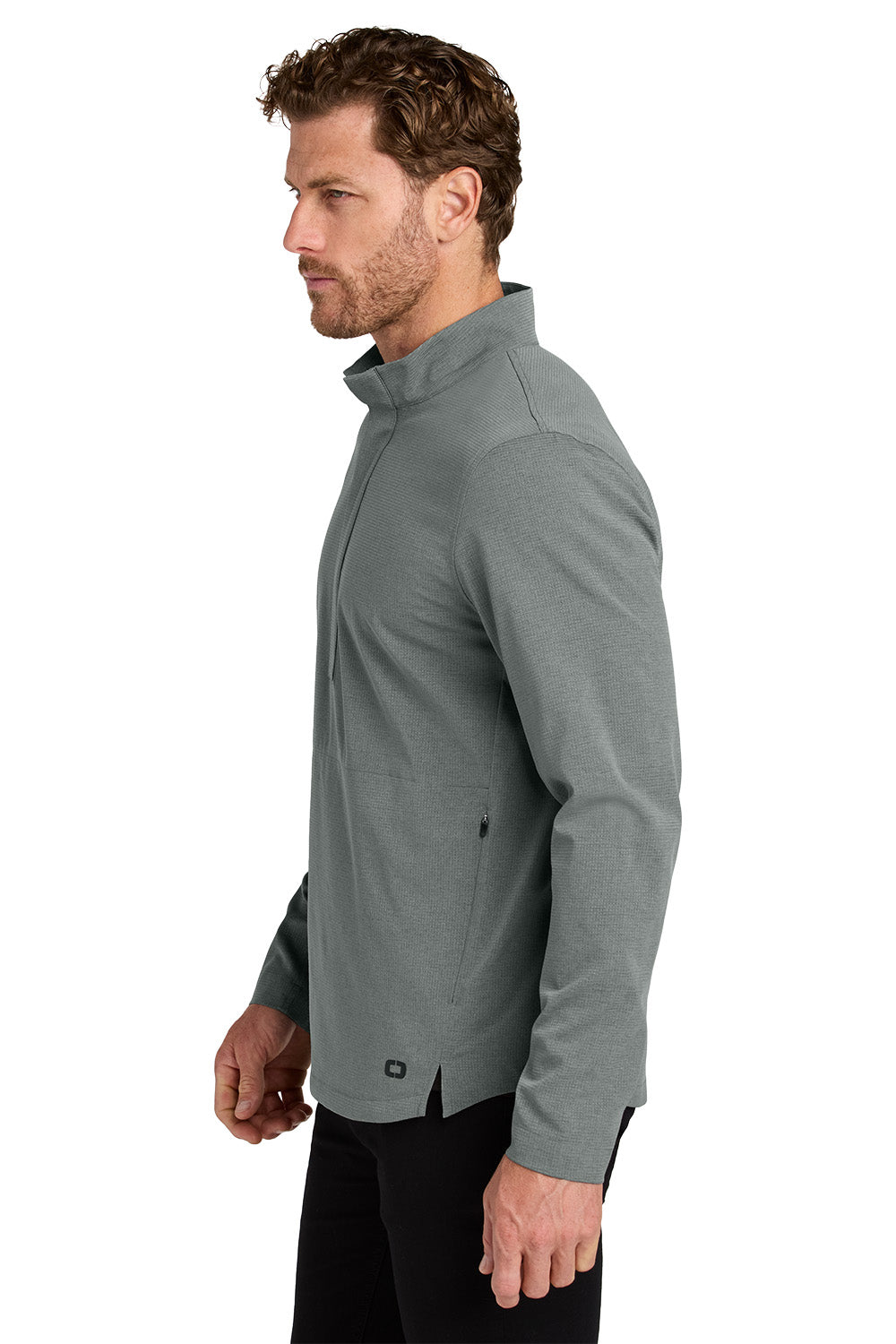 Man wearing a gray jacket on a white background. OGIO® Aspect 1/2-Zip Pullover, Embroidered by Helmsman Stitch Co.