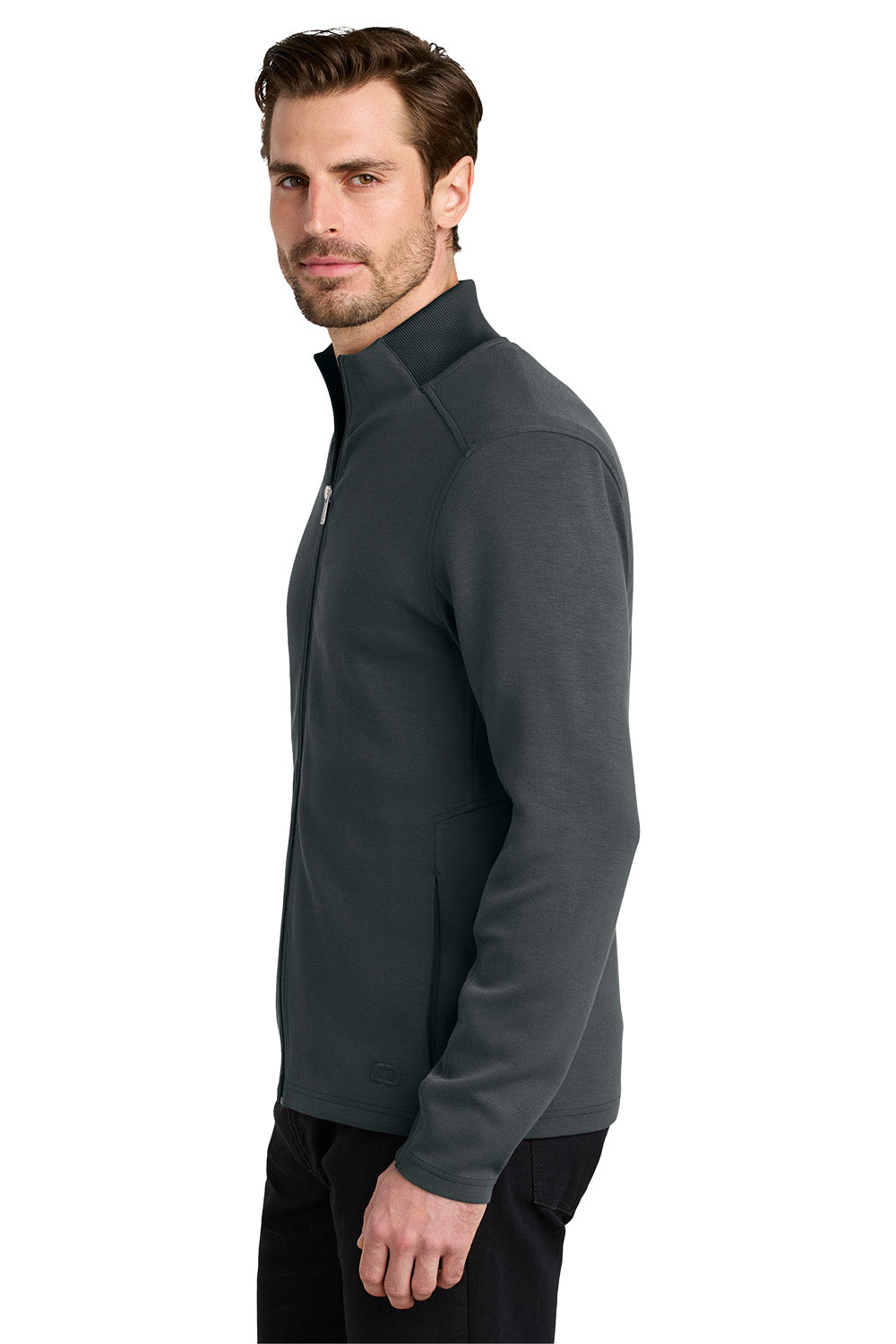 Man wearing a gray fleece jacket on a white background OGIO® Transcend Full-Zip, Embroidered
