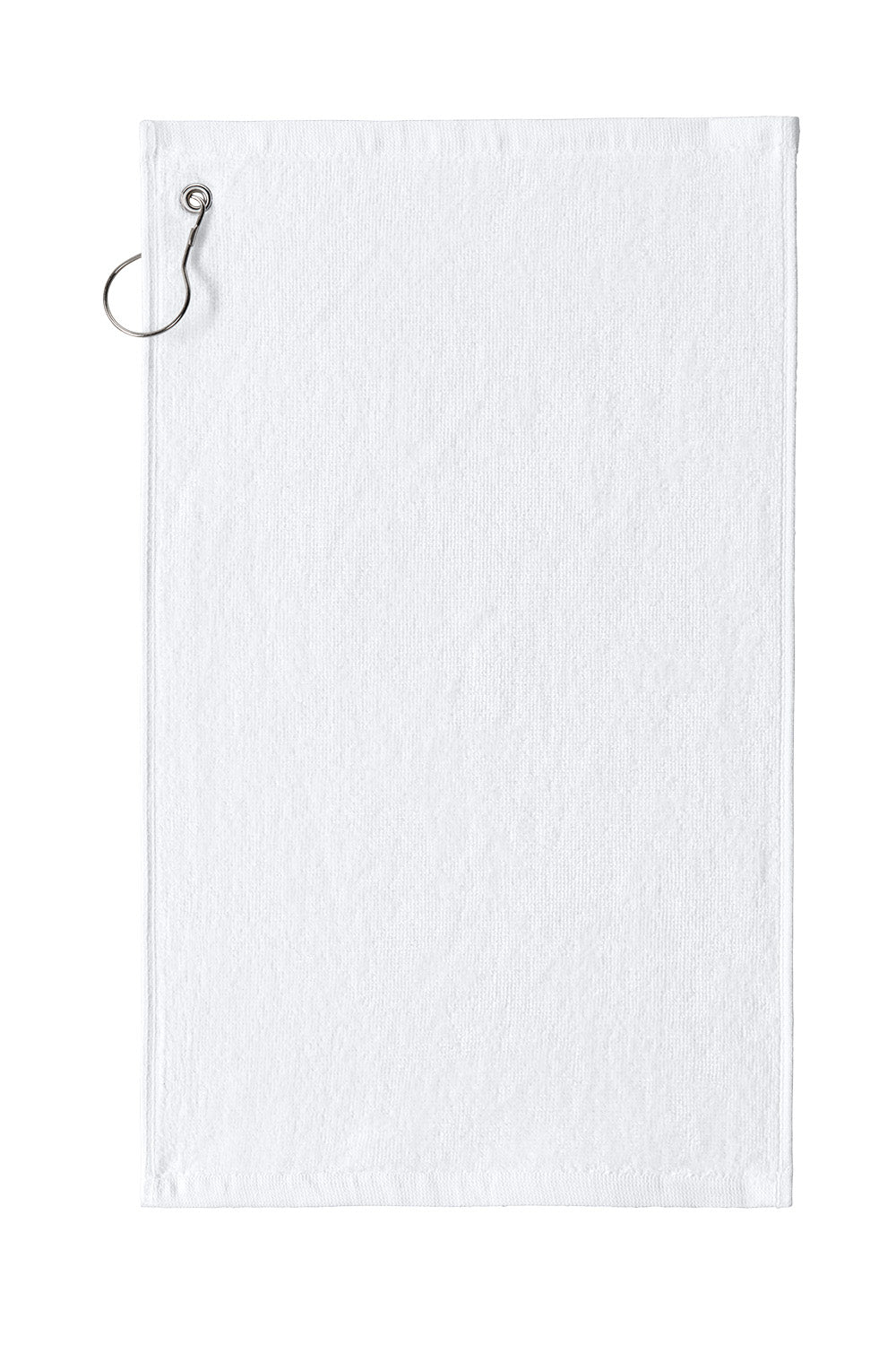 White towel with a metal clip on a white background. Port Authority Grommeted Hemmed Towel, Embroidered by Helmsman Stitch Co.