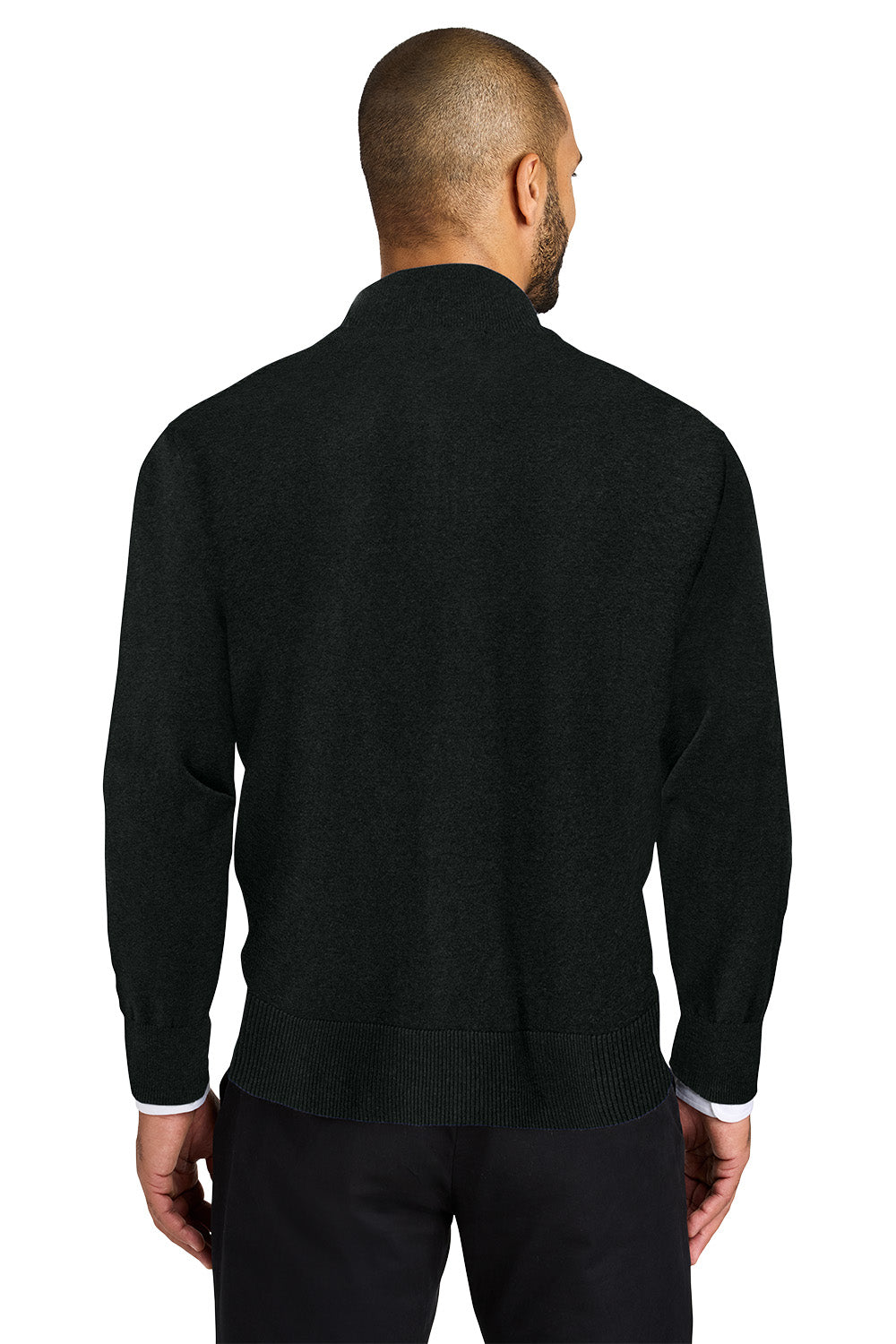 A man viewed from the back wearing a black knit sweater over a white collared shirt, paired with dark trousers, against a plain white background. Port Authority® Easy Care 1/4-Zip Sweater, Embroidered