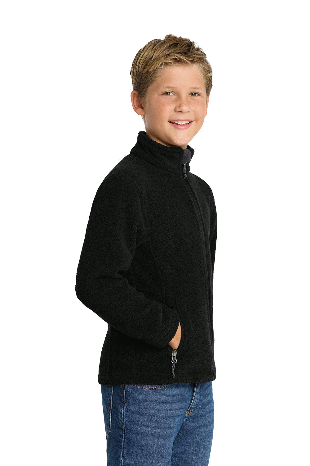 Young boy wearing a black fleece jacket on a white background. Port Authority® Youth Value Fleece Jacket, Embroidered by Helmsman Stitch Co.