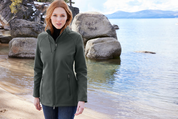 fleece jackets, woman near water, ready for embroidery