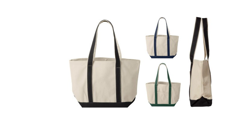 Beige tote bag with navy handles and trim on a white background. MI Tote (Large), Natural Canvas Tote, Custom Text & Michigan Motif