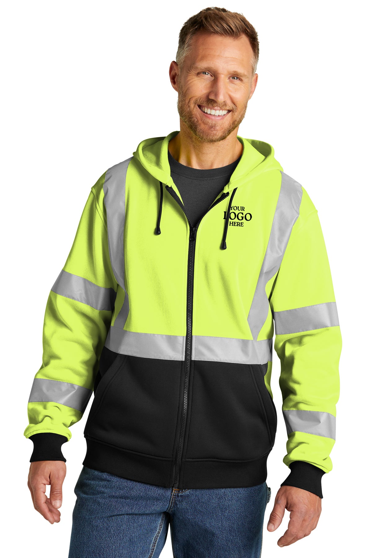 Man wearing a high-visibility safety hoodie with reflective stripes on a white background CornerStone® ANSI 107 Class 3 Heavy-Duty Fleece Full-Zip Hoodie, Embroidered