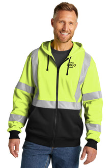 Man wearing a high-visibility safety hoodie with reflective stripes on a white background CornerStone® ANSI 107 Class 3 Heavy-Duty Fleece Full-Zip Hoodie, Embroidered