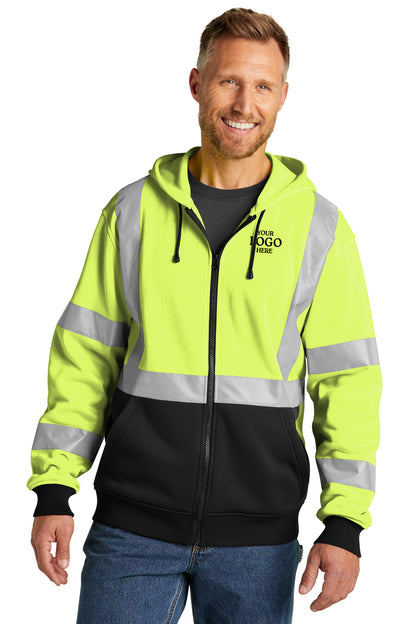 Man wearing a high-visibility safety hoodie with reflective stripes on a white background CornerStone® ANSI 107 Class 3 Heavy-Duty Fleece Full-Zip Hoodie, Embroidered