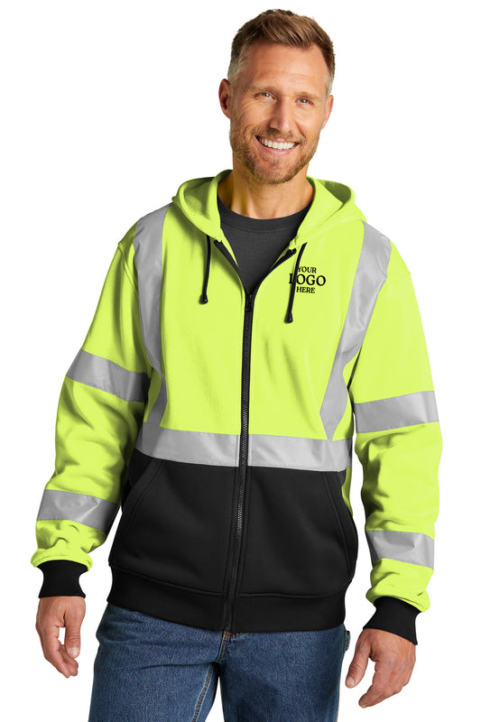 Man wearing a high-visibility safety hoodie with reflective stripes on a white background CornerStone® ANSI 107 Class 3 Heavy-Duty Fleece Full-Zip Hoodie, Embroidered