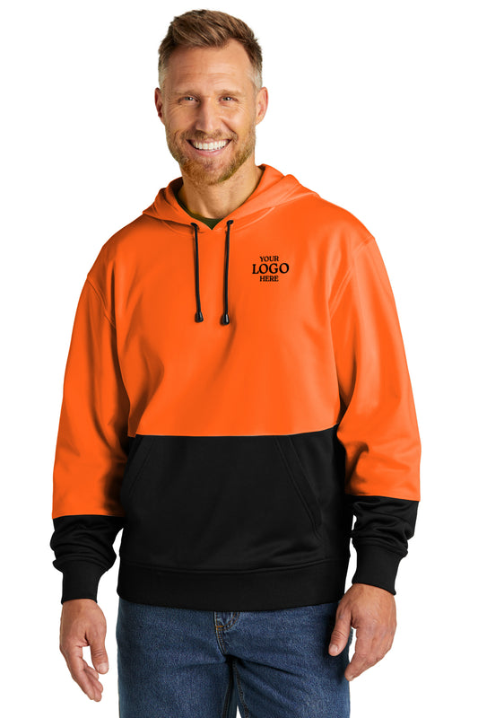 Man wearing an orange and black hoodie with a logo on a white background CornerStone® Enhanced Visibility Fleece Pullover Hoodie, Embroidered