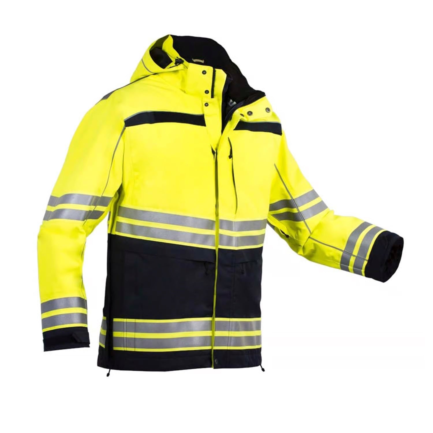 High-visibility jacket with reflective stripes on a white background. First Tactical Men's Tactix Hi Vis Parka, Embroidered by Helmsman Stitch Co.