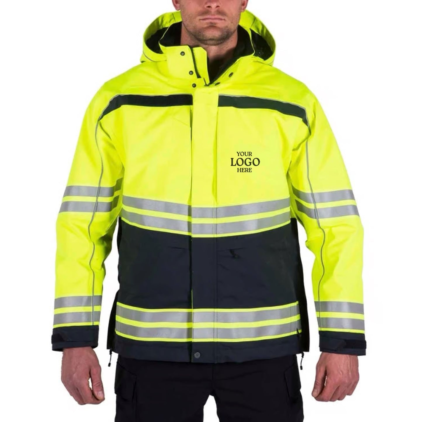 Person wearing a high-visibility yellow and black jacket with reflective stripes on a white background. First Tactical Men's Tactix Hi Vis Parka, Embroidered by Helmsman Stitch Co.