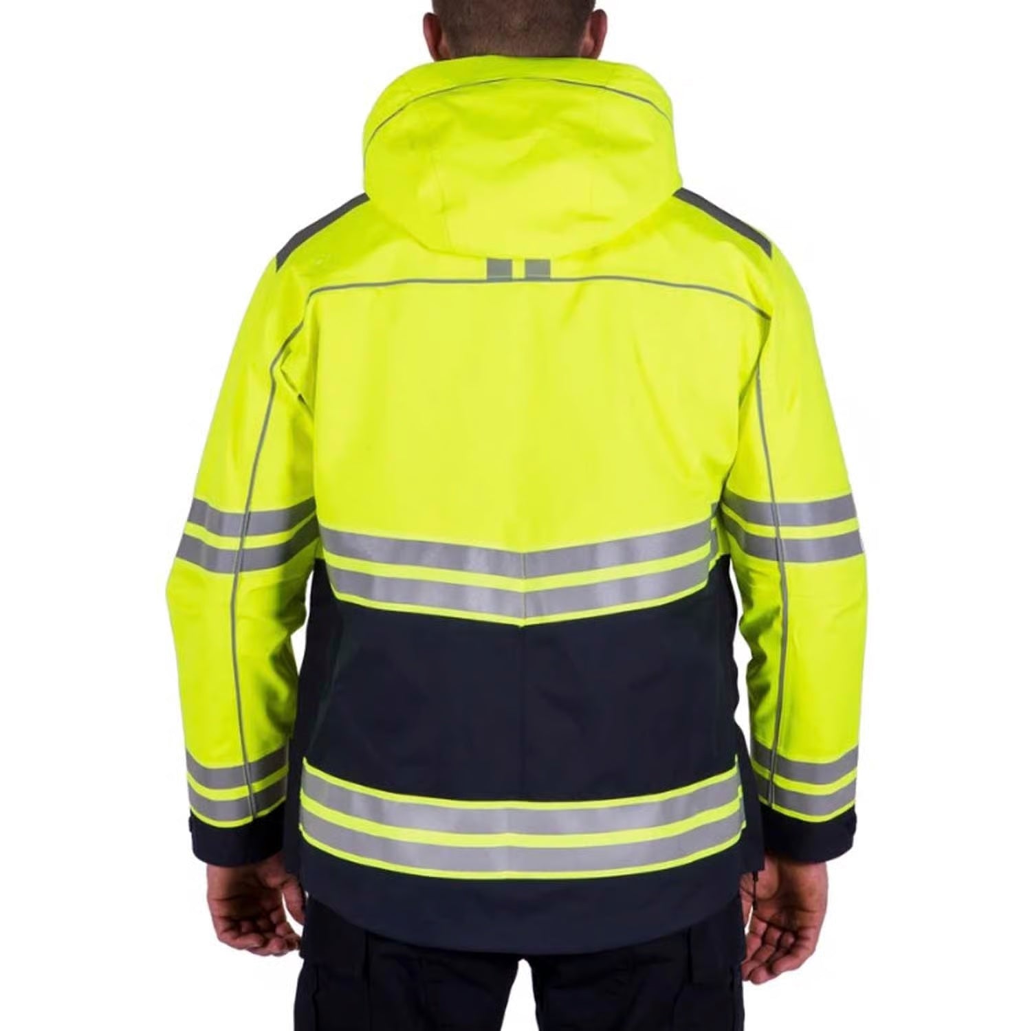 Person wearing a high-visibility jacket with reflective stripes on a white background. First Tactical Men's Tactix Hi Vis Parka, Embroidered by Helmsman Stitch Co.