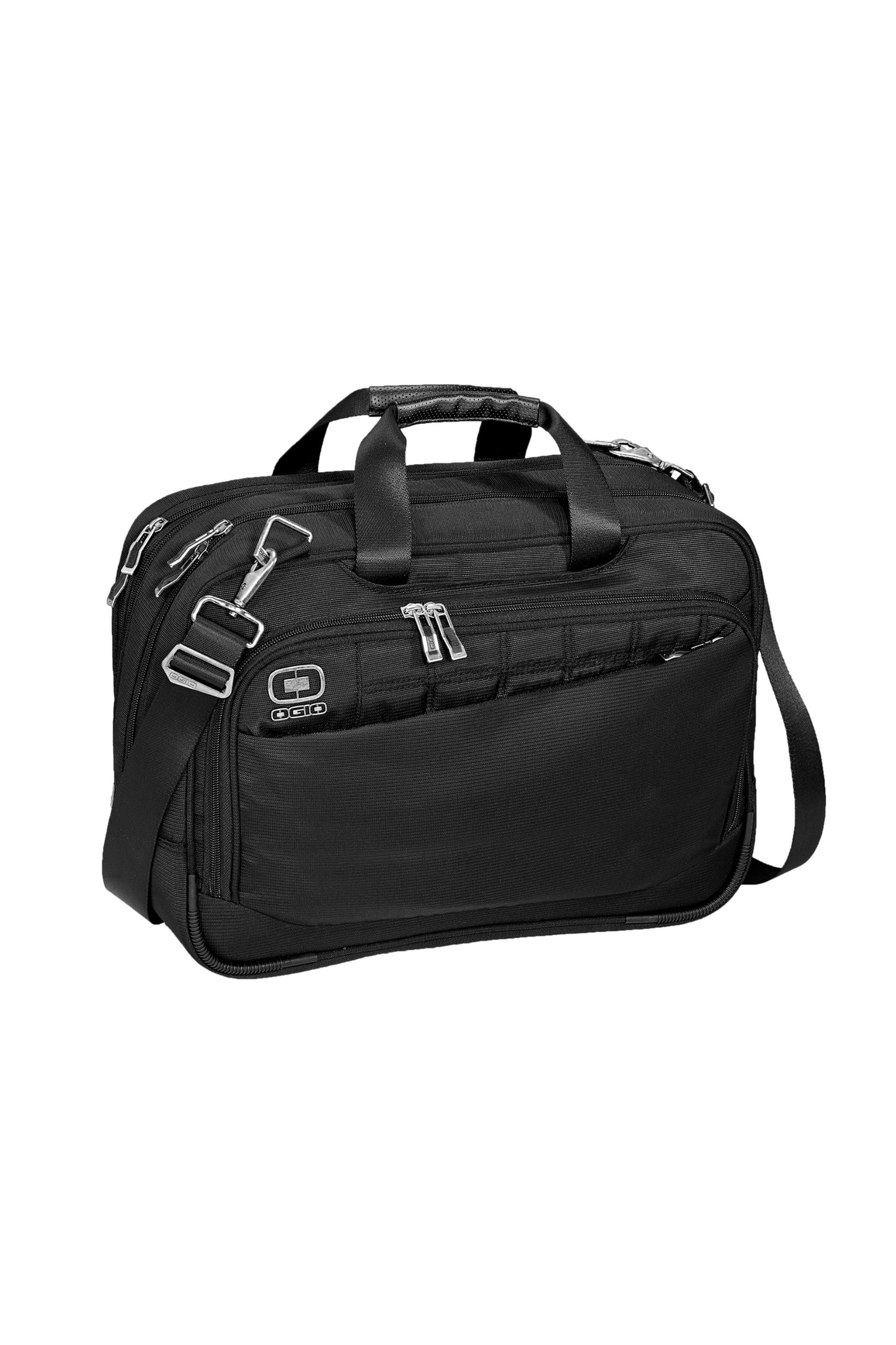 Black travel bag with multiple compartments and zippers on a white background embroidered OGIO® Element Messenger