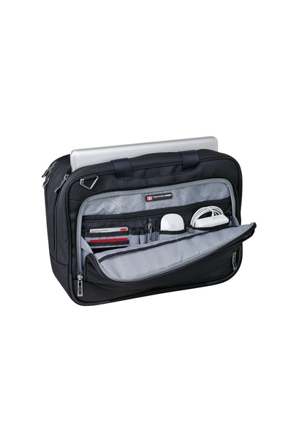 Black travel bag with organized compartments on a white background embroidered OGIO® Element Messenger