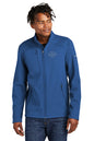 Man wearing a blue jacket with a logo on a white background, embroidered Eddie Bauer® Stretch Soft Shell Jacket