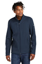 Man wearing a navy blue jacket on a white background, embroidered Eddie Bauer® Stretch Soft Shell Jacket