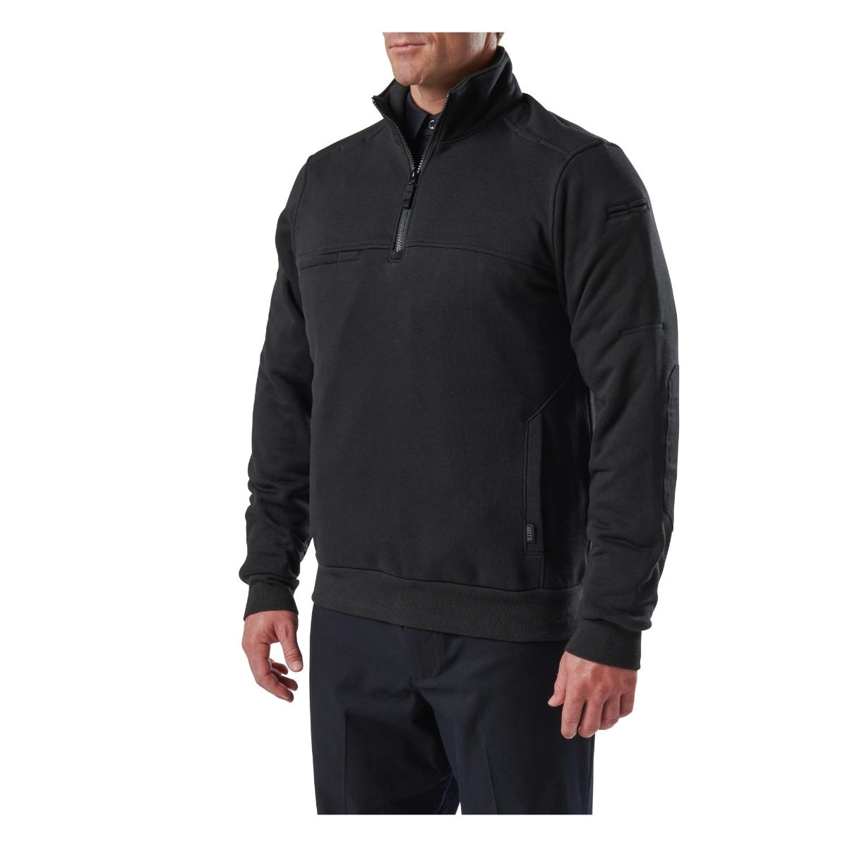 Black pullover with a zipper on a white background. 5.11 Job Shirt 1/4 Zip 2.0, Embroidered by Helmsman Stitch Co.