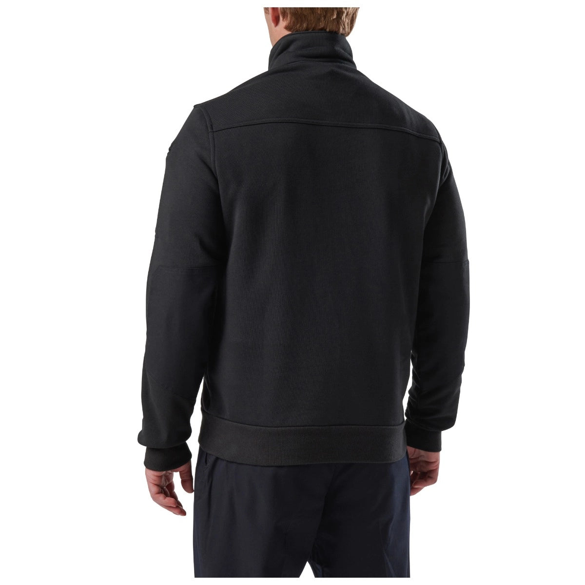 Black jacket worn by a person on a white background. 5.11 Job Shirt 1/4 Zip 2.0, Embroidered by Helmsman Stitch Co.