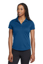 Woman wearing a blue polo shirt on a white background, embroidered Nike Women's Dri-FIT Players Modern Fit Polo