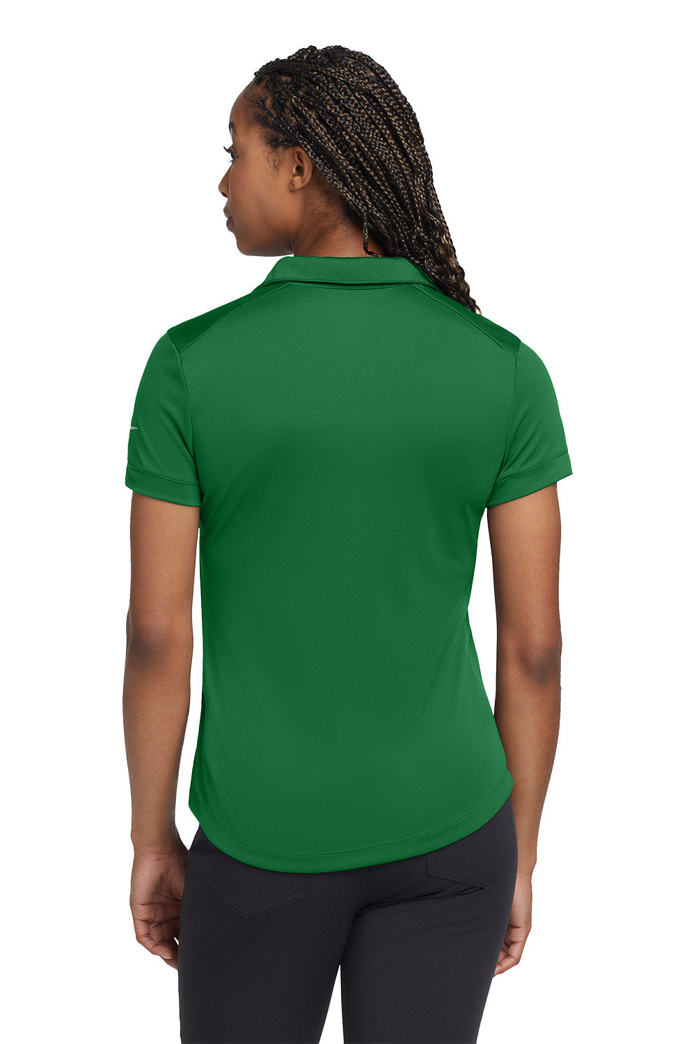 Person wearing a green polo shirt on a white background, embroidered Nike Women's Dri-FIT Players Modern Fit Polo
