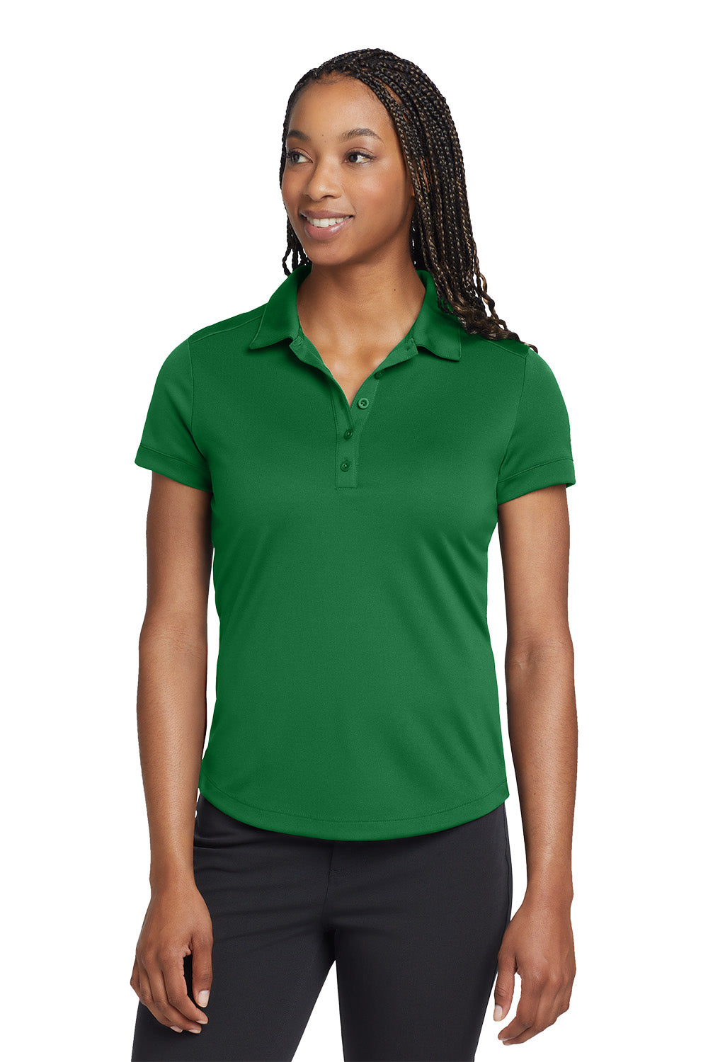 Woman wearing a green polo shirt on a white background, embroidered Nike Women's Dri-FIT Players Modern Fit Polo
