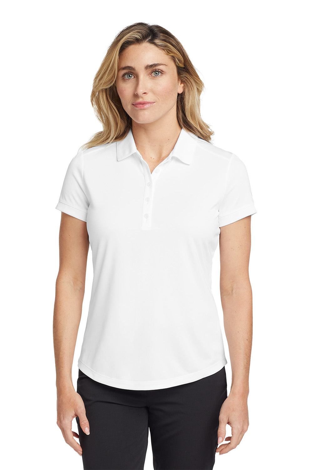 Woman wearing a white polo shirt on a white background, embroidered Nike Women's Dri-FIT Players Modern Fit Polo