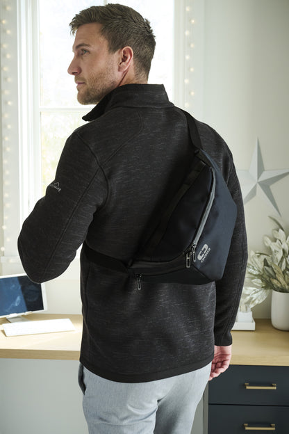 Man wearing a black jacket with a backpack in an indoor setting, Eddie Bauer® Sweater Fleece Full-Zip, Embroidered