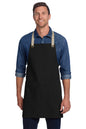 Man wearing a black apron over a blue denim shirt on a white background, Port Authority® Canvas Full-Length Two-Pocket Apron, Embroidered
