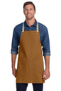 Man wearing a brown apron over a blue shirt on a white background, Port Authority® Canvas Full-Length Two-Pocket Apron, Embroidered