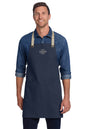 Man wearing a navy apron with customizable logo text on a white background, Port Authority® Canvas Full-Length Two-Pocket Apron, Embroidered