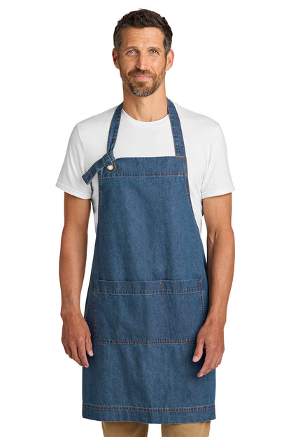 Man wearing a blue apron over a white shirt on a white background Port Authority® Signature Denim Apron, Embroidered