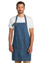 Man wearing a blue apron over a white shirt on a white background Port Authority® Signature Denim Apron, Embroidered