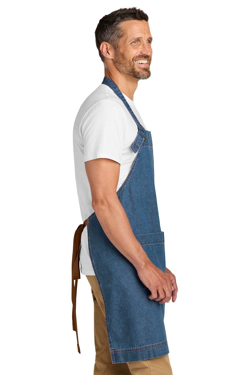 Man wearing a blue denim apron over a white shirt on a white background Port Authority® Signature Denim Apron, Embroidered