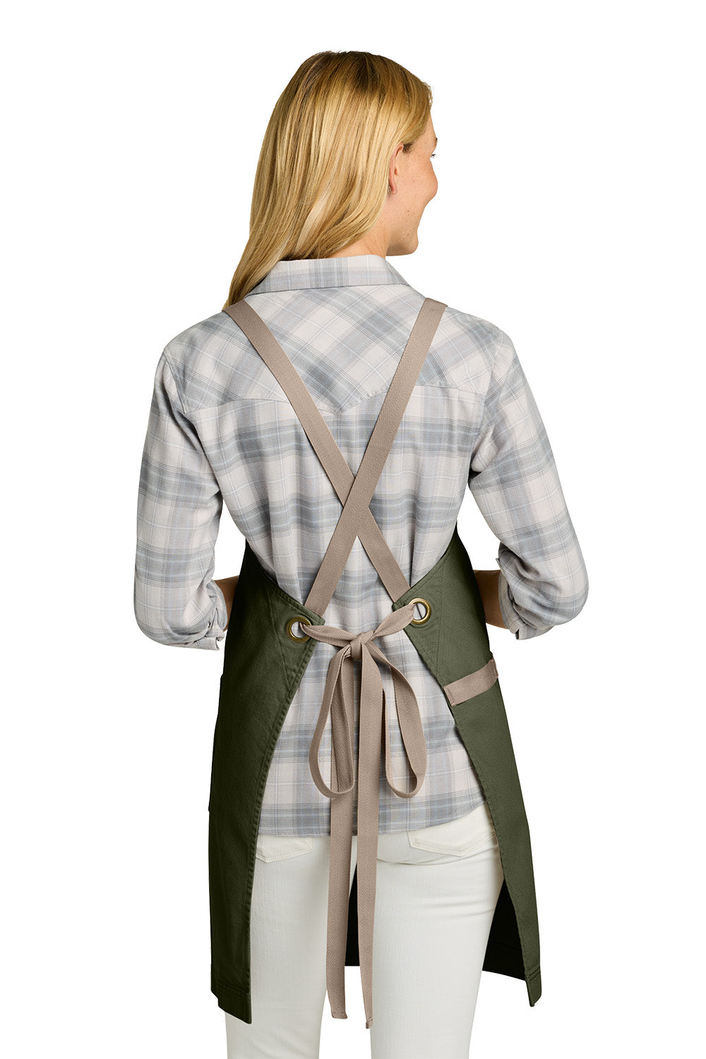 Woman wearing a green apron with beige straps on a white background. Port Authority® Signature Heavy Twill Crossback Apron, Embroidered