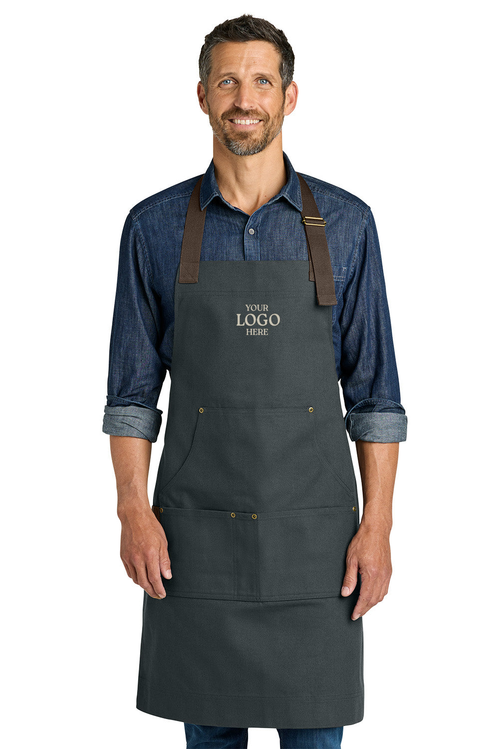 Man wearing a black apron with customizable logo text on a white background Port Authority® Signature Workwear Apron, Embroidered