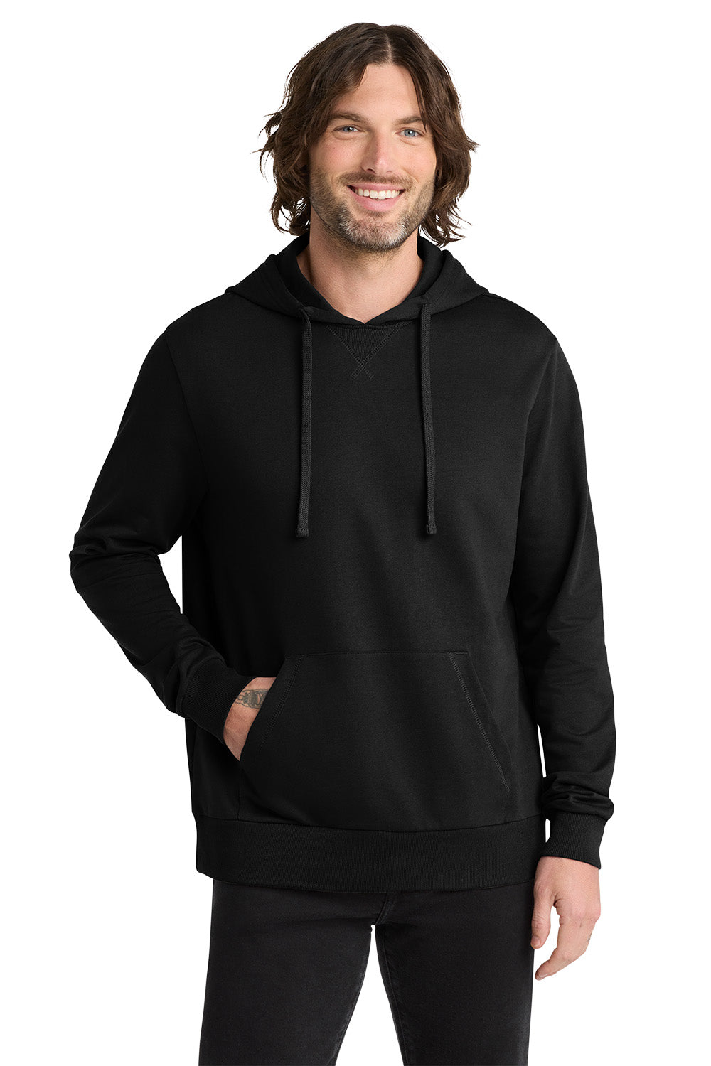 Man wearing a black hoodie on a white background, Embroidered Allmade® Unisex Organic French Terry Pullover Hoodie